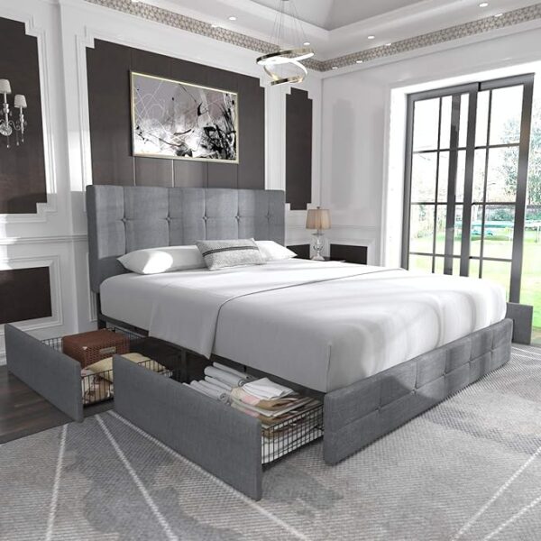 Allewie Upholstered Queen Size Platform Bed Frame with 4 Storage Drawers and Headboard,