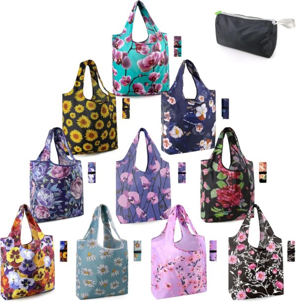 BeeGreen 10 Pack Washable Floral Grocery Bags for Shopping